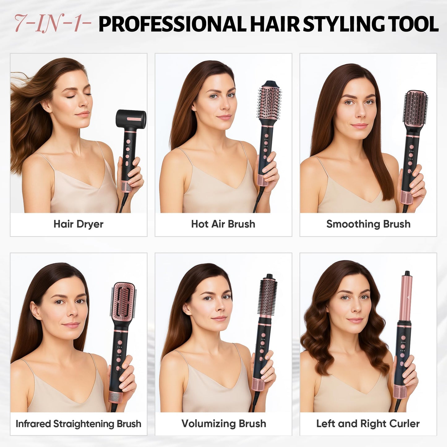 LuxRebuty 7 en 1 Cepillo Secador Profesional para Cabello, Rosa