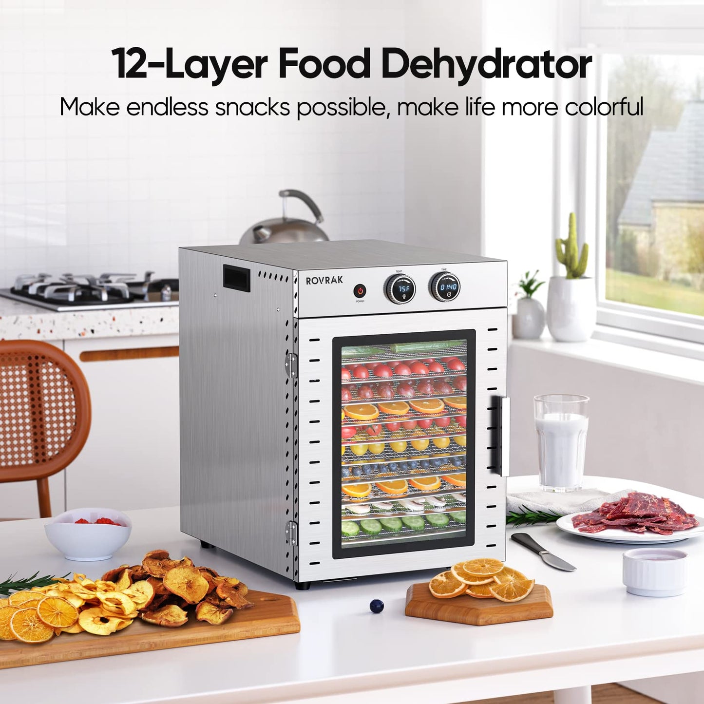 ROVRAk Deshidratador de Alimentos 12 Bandejas Acero Inoxidable, Frutas, Carnes y Hierbas