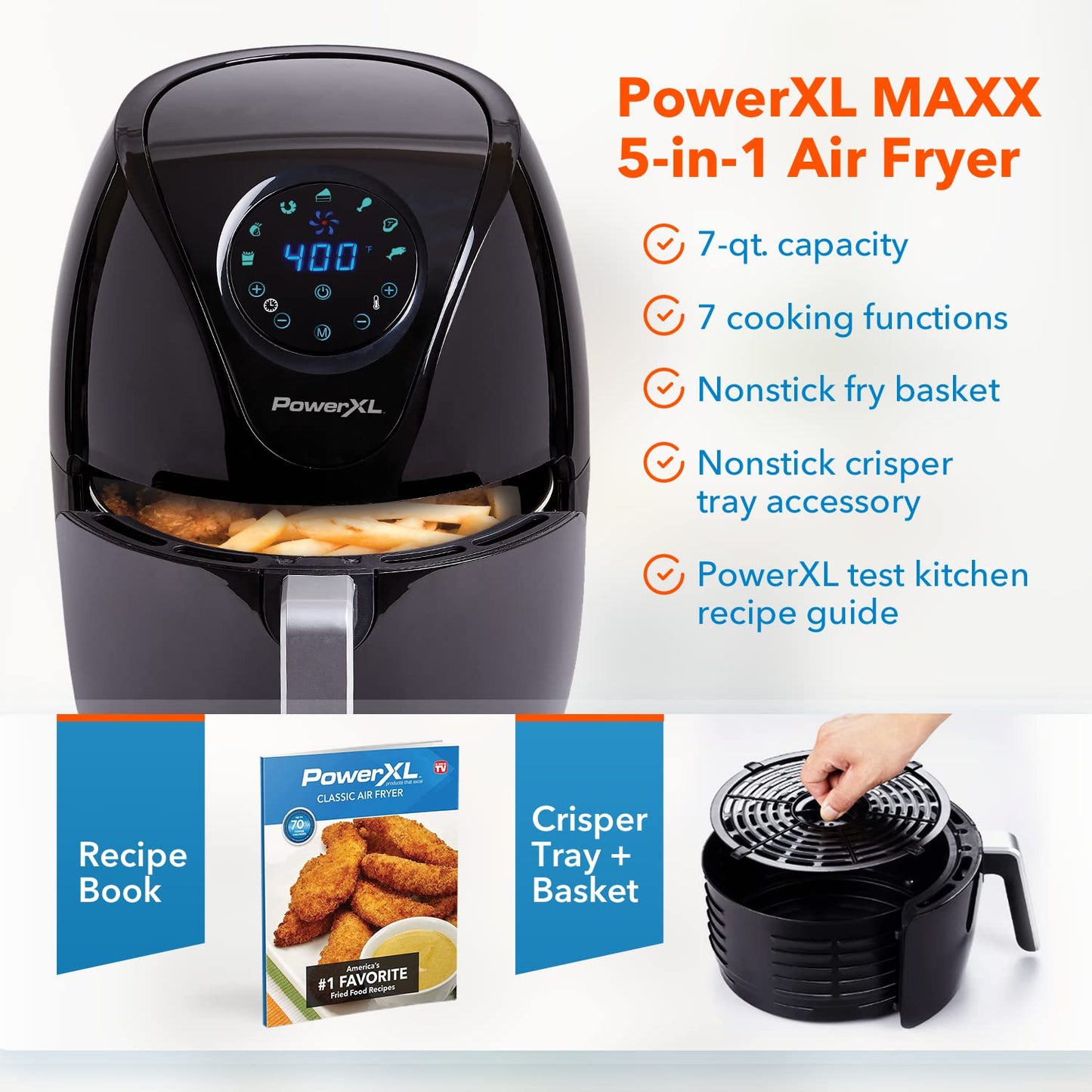 PowerXL Maxx 7 QT Freidora de Aire Clásica, Negra