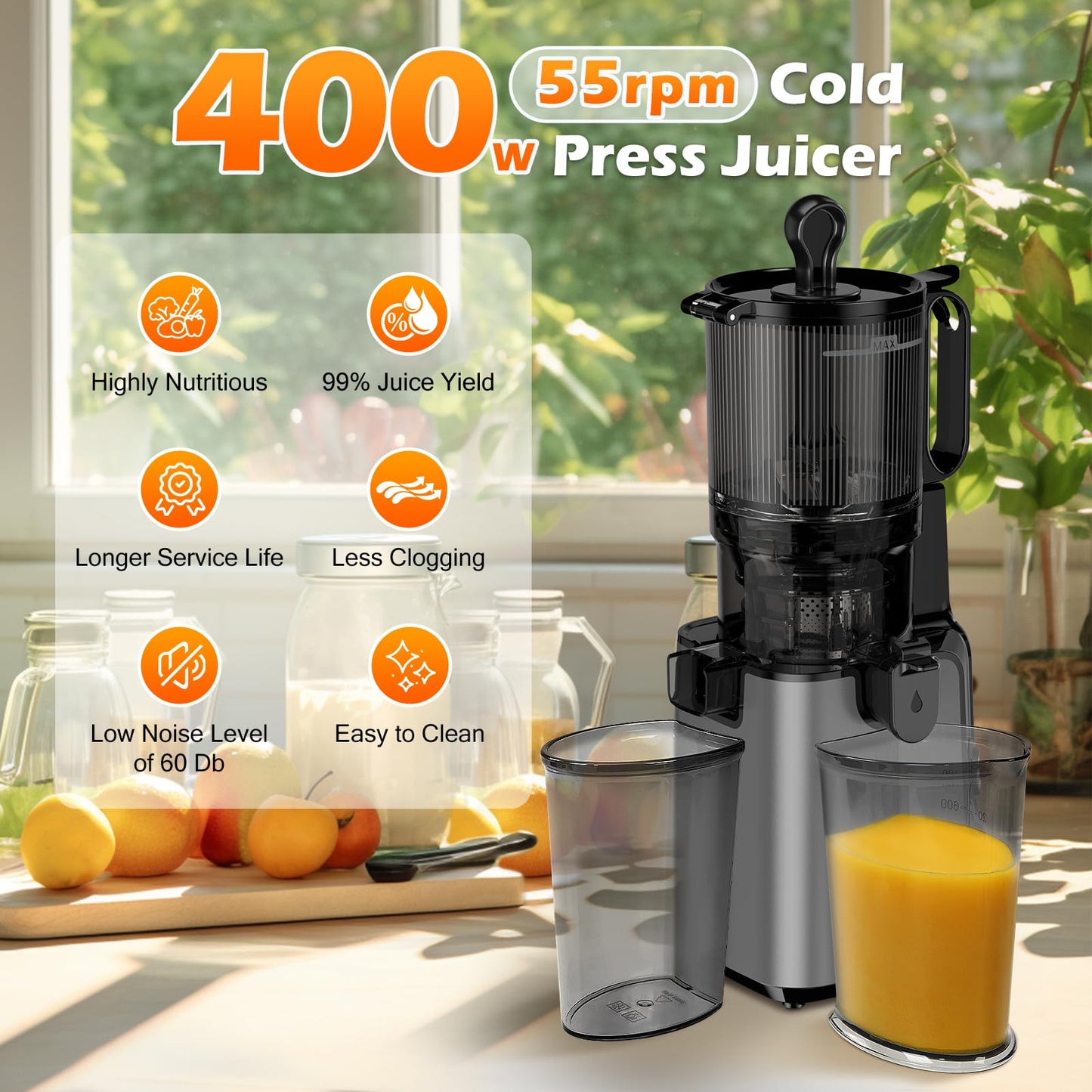 YPONE 400W Slow Juicer Cold Press, Extractor de Jugo con Tolva Grande 5.4"