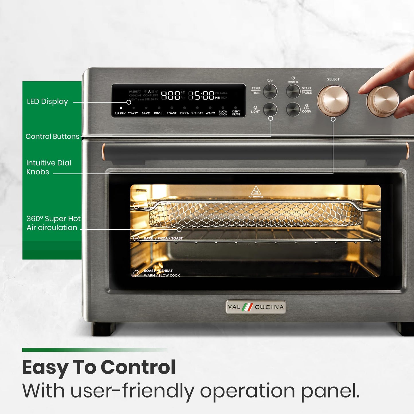 VAL CUCINA Horno Tostador Air Fryer 10-en-1, Negro Mate