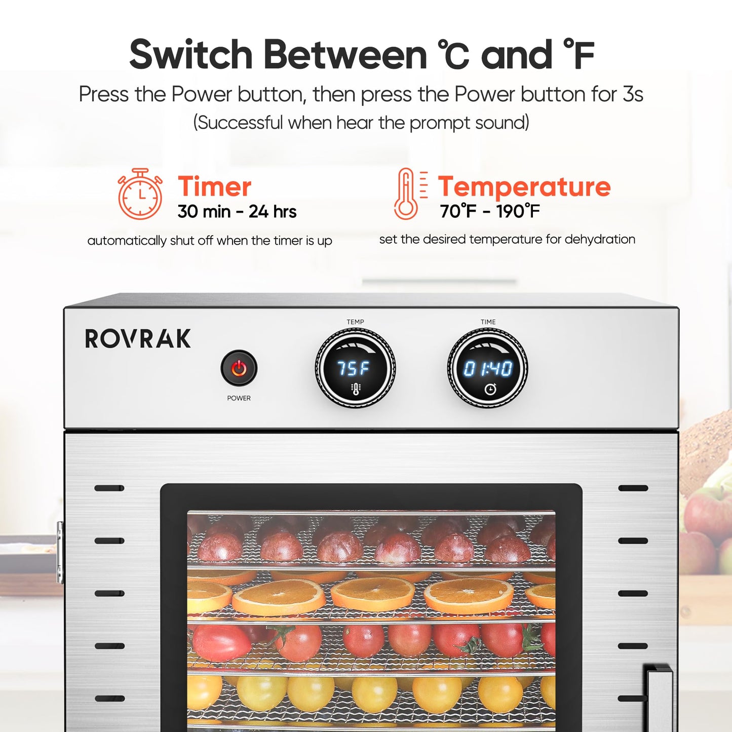ROVRAk Deshidratador de Alimentos 12 Bandejas Acero Inoxidable, Frutas, Carnes y Hierbas