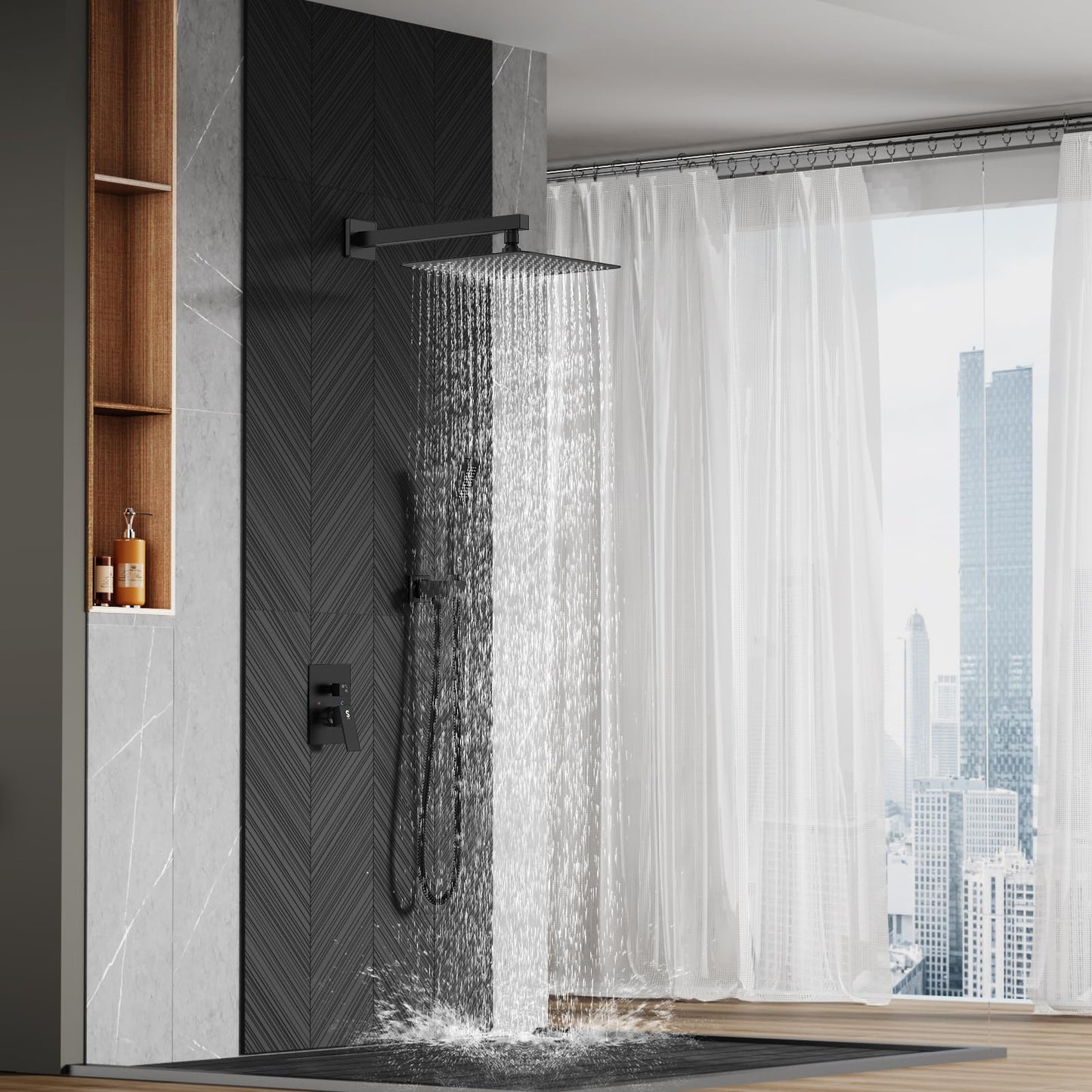 SR SUN RISE Sistema de Ducha 12" Lluvia, Negro Mate